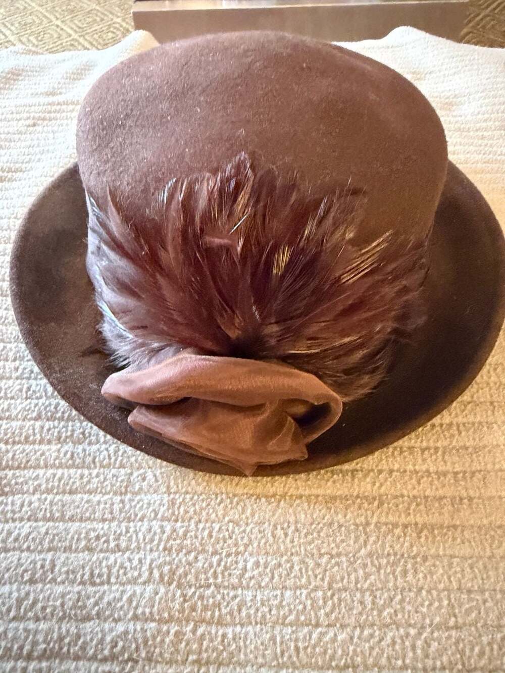 Something Special Vintage Brown Wool Fedora Hat with Feather and Satin Detail